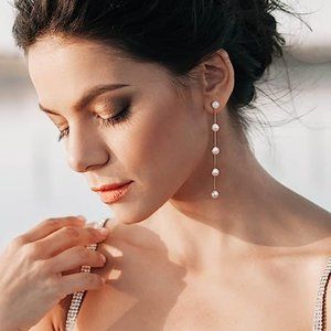 Long Gold Chain Baroque Pearl Bridal Earrings Bride Chains Faux Pearls Wedding